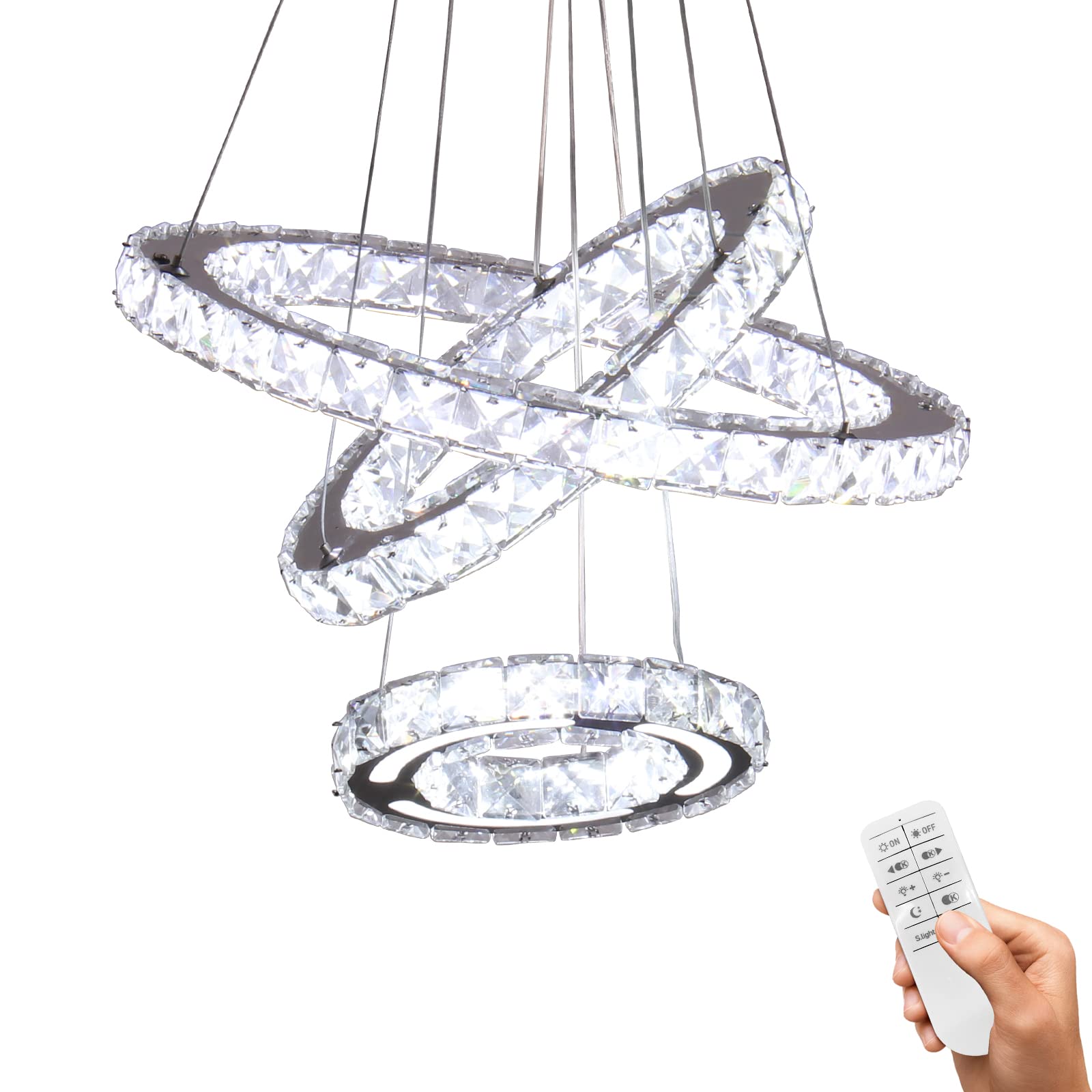 Modern Crystal Chandeliers DIY 3 Rings Dimmable Ceiling Light Fixture LED Pendant Lamp for Kitchen Dining Room Living Room Bedroom (with Remote Control)