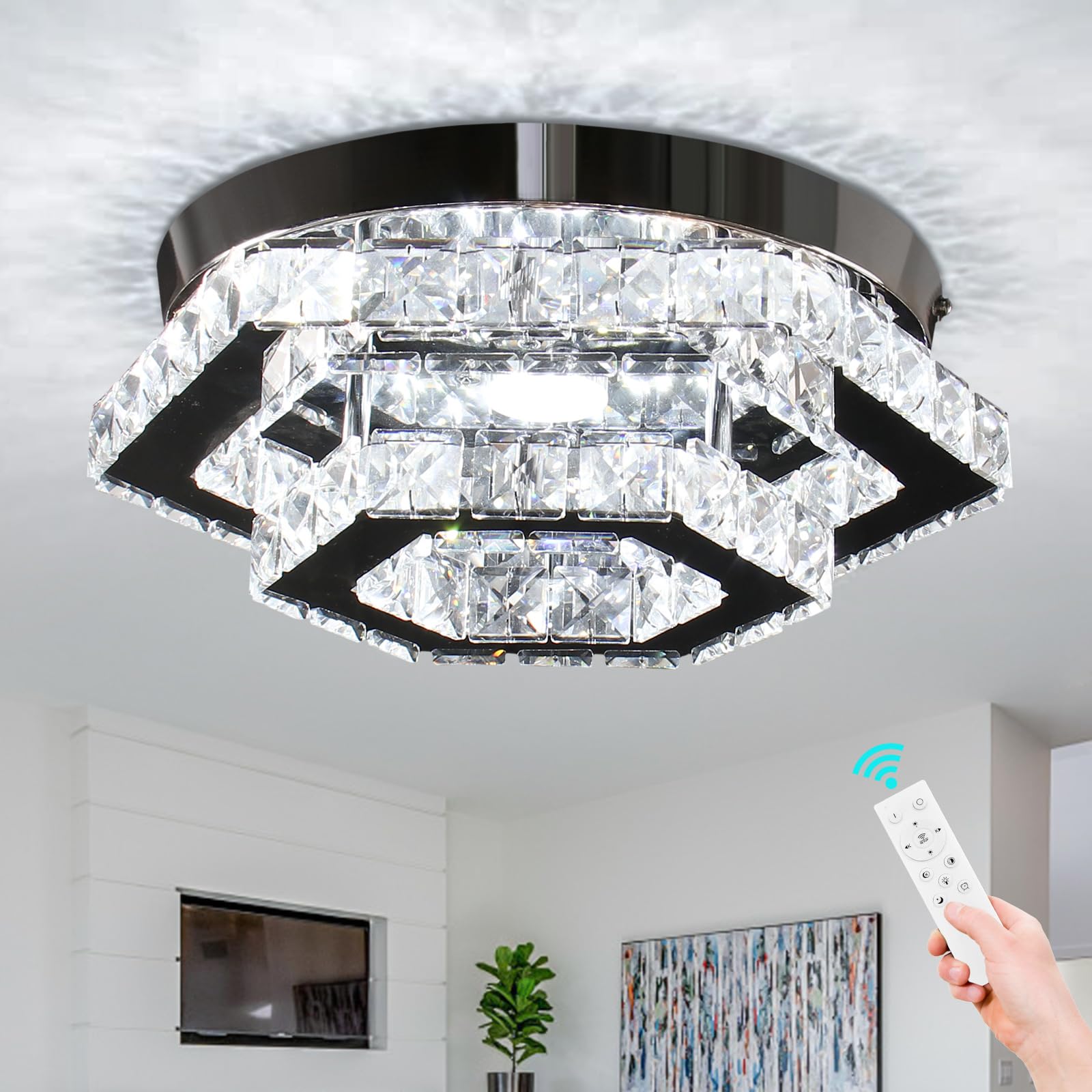 Modern Chandelier Crystal Flush Mount Ceiling Light LED Pendant Lamp Dimmable Chandelier for Dining Room Living Room Bedroom Kitchen Hallway(Remote Control)