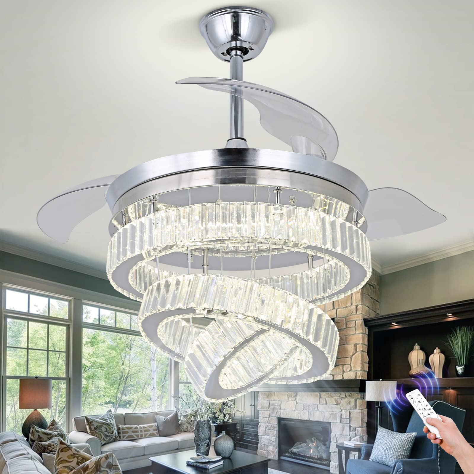 42″ Modern Crystal Chandelier Fan with Lights Dimmable Crystal Ceiling Fans 3 Rings LED Fandelier, 6-Speed Flush Mount Ceiling Fan for Living Room Bedroom