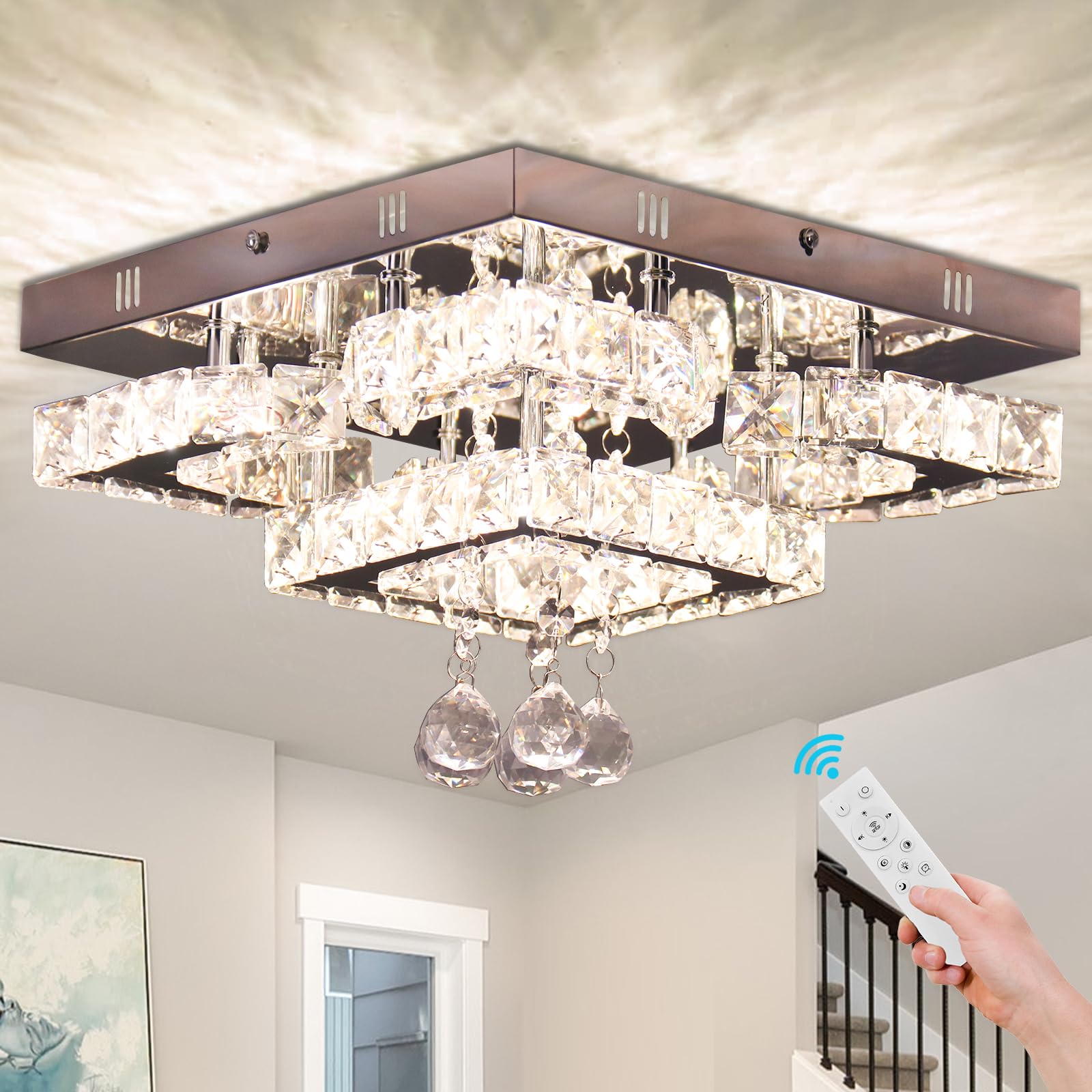 11.8" Dimmable Crystal Chandelier Modern Crystal Ceiling Light Fixture LED Flush Mount Crystal Chandeliers for Living Room Bedroom Closet Kitchen (Remote Control)