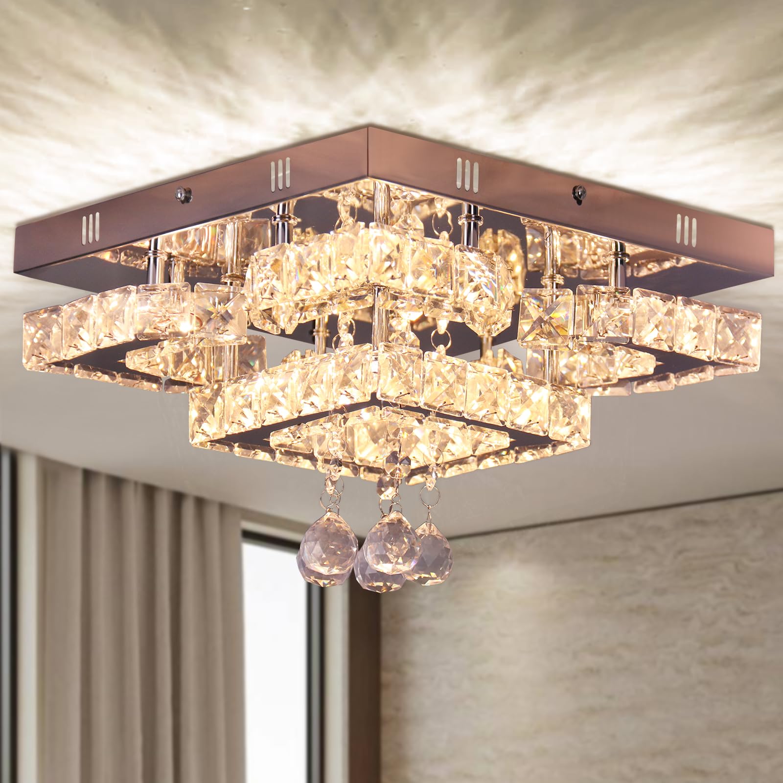 11.8" Modern LED Chandelier Crystal Flush Mount Ceiling Light Fixture 4 Petals/Raindrop Ball Square Chandeliers for Bedroom Entryway Hallway Living Room (Warm Light)