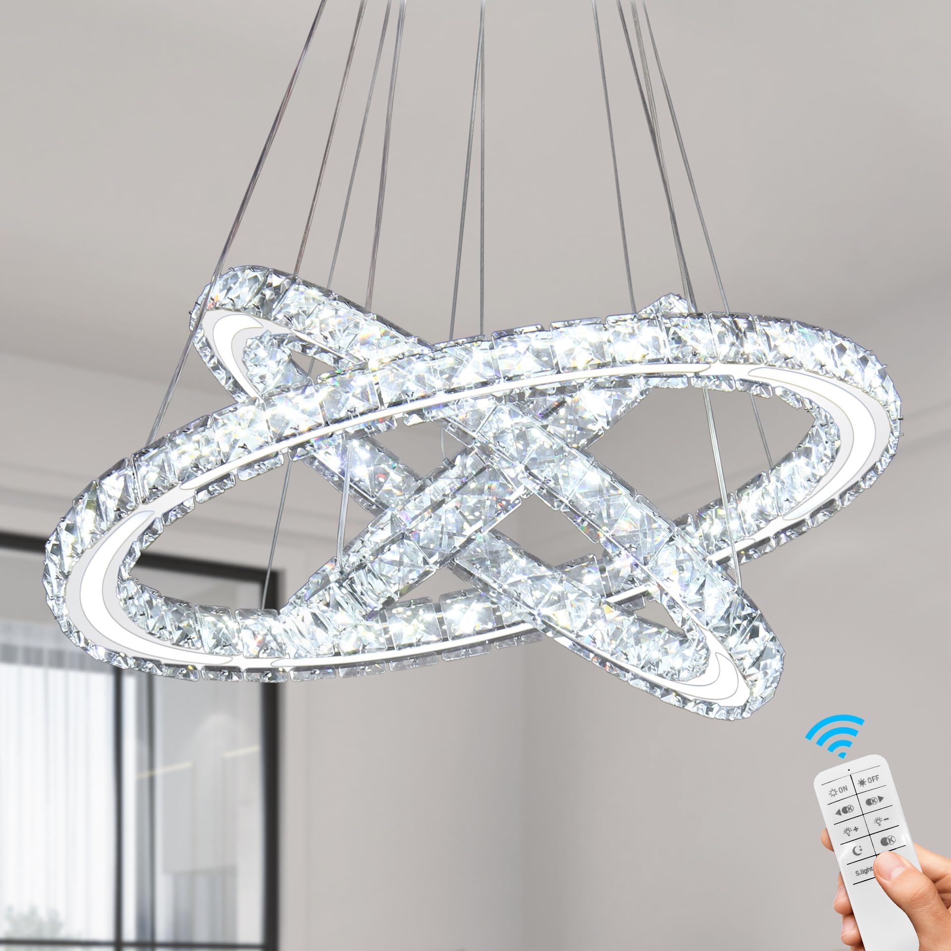 19.7" Modern Chandeliers Crystal Ceiling Light 3 Rings Dimmable LED Pendant Light Fixture Ceiling Hanging for Living Room Dining Room Bedroom Kitchen (Remote Control)