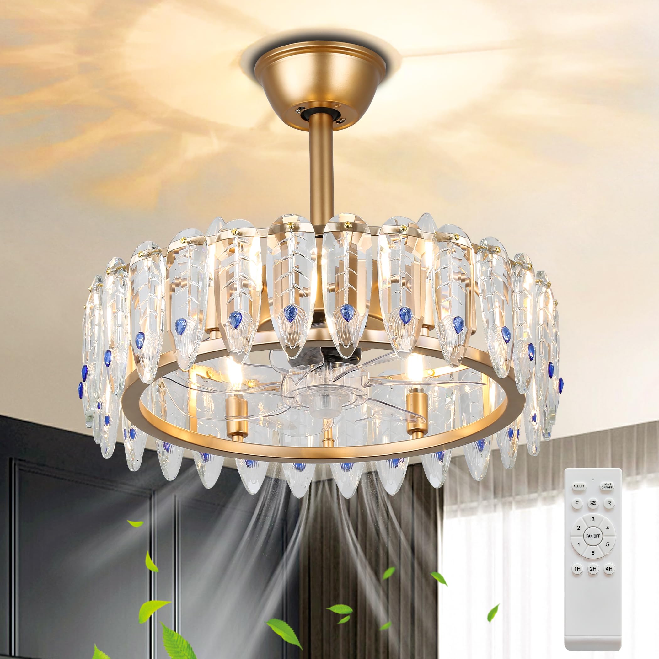 20.7″ Modern Crystal Chandelier Fan with Lights Caged Crystal Ceiling Fans Gold Fandelier, 6-Speed Flush Mount Ceiling Fans for Living Room Bedroom (E12 Base)