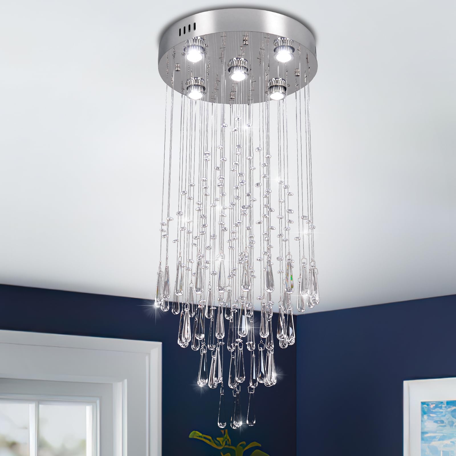 39" Modern Crystal Chandelier Pendant Light 5-Lights Flush Mount Chandeliers Lighting for High Ceilings Raindrop Crystal Ceiling Light for Kitchen Hallway Stiar (GU10 Bulb)