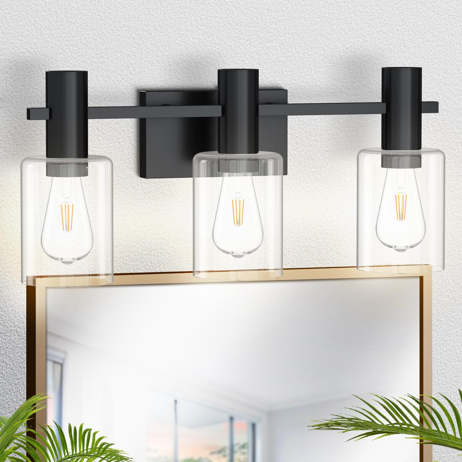 3-Light Bathroom Vanity Lights, Black Bathroom Light Fixtures Over Mirror with Clear Glass Shade, Modern Wall Sconces for Mirror Bedroom Living Room (E26 Base)