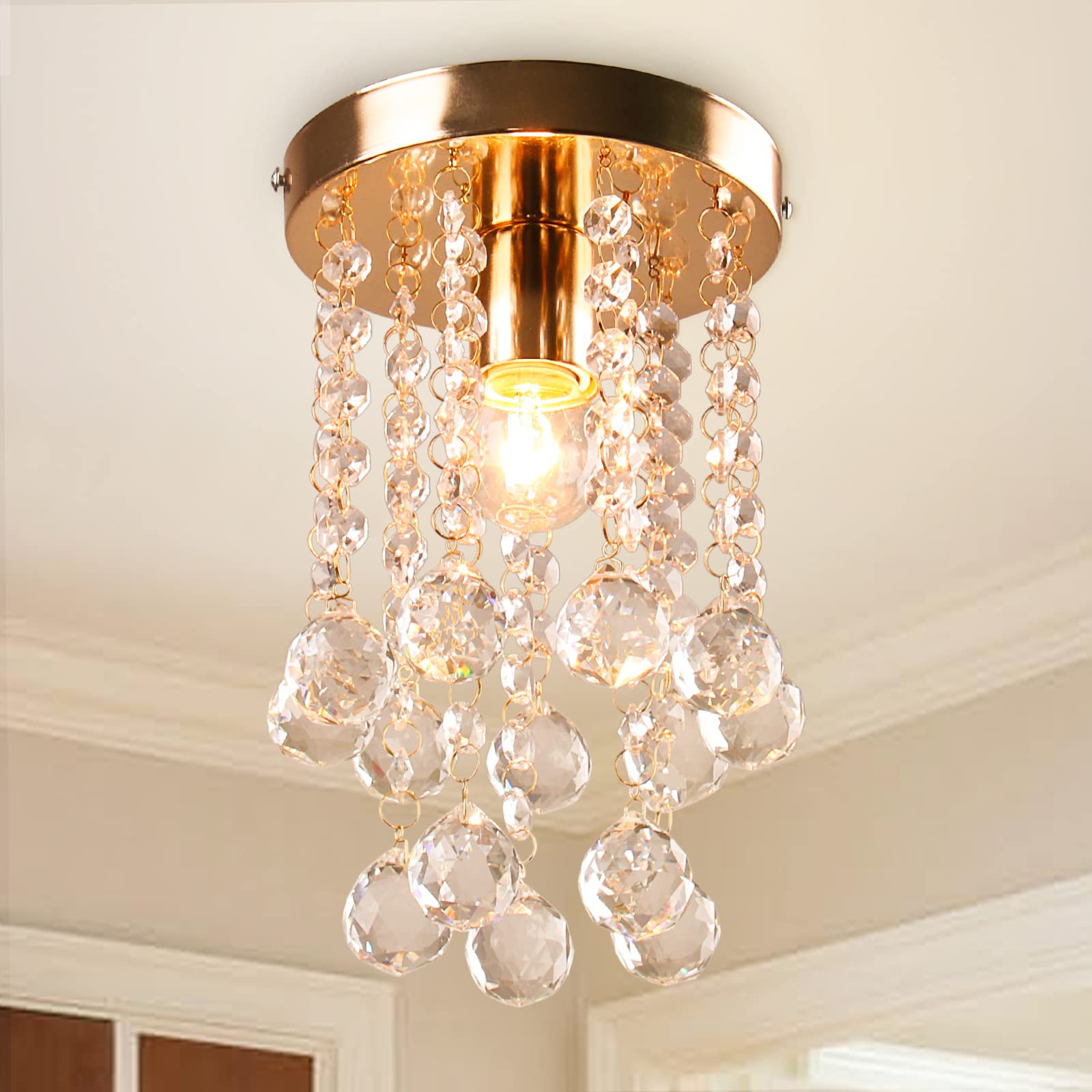 Modern Mini Chandelier Crystal Ball Ceiling Light Décor Flush Mount Light for Hallway Bedroom Living Room Bathroom(Golden,5.9 Inches)